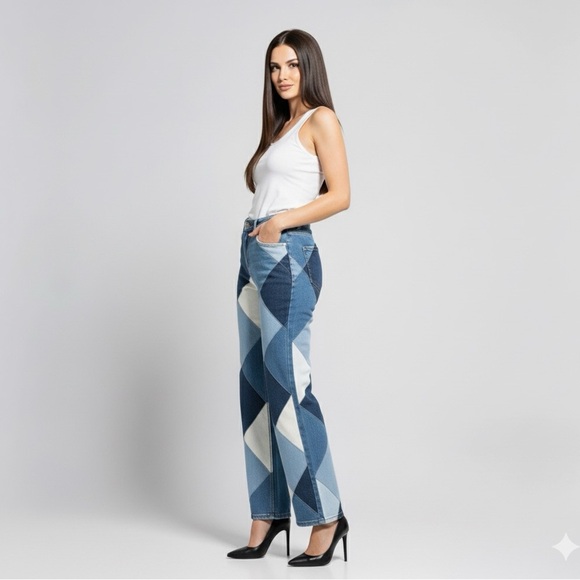 Diamond Patchwork Jesns Wide-Leg Denim – Statement Edition - Picture 4 of 14